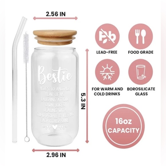 Other - Friendship Gifts for Women Bestie Best Friends 16oz. Glass Tumbler w/ Straw